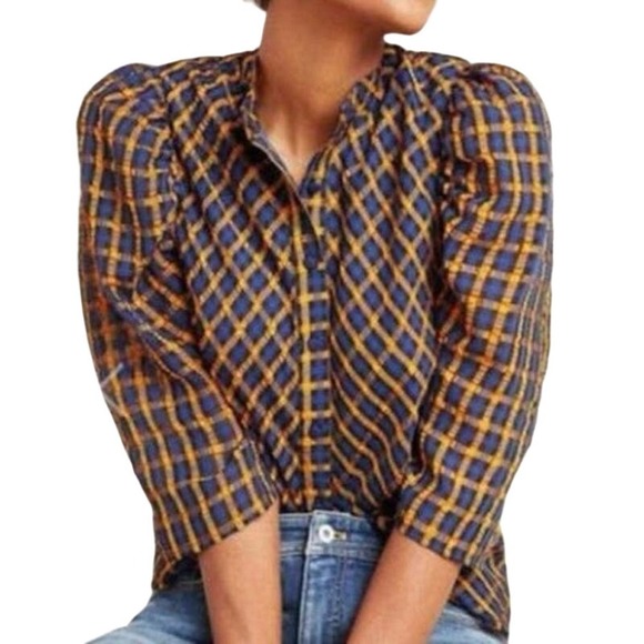 Eva Franco Tops - Eva Franco ANTHROPOLOGIE Navy Orange Checked Plaid Puff Sleeve Top Blouse - Sz 4